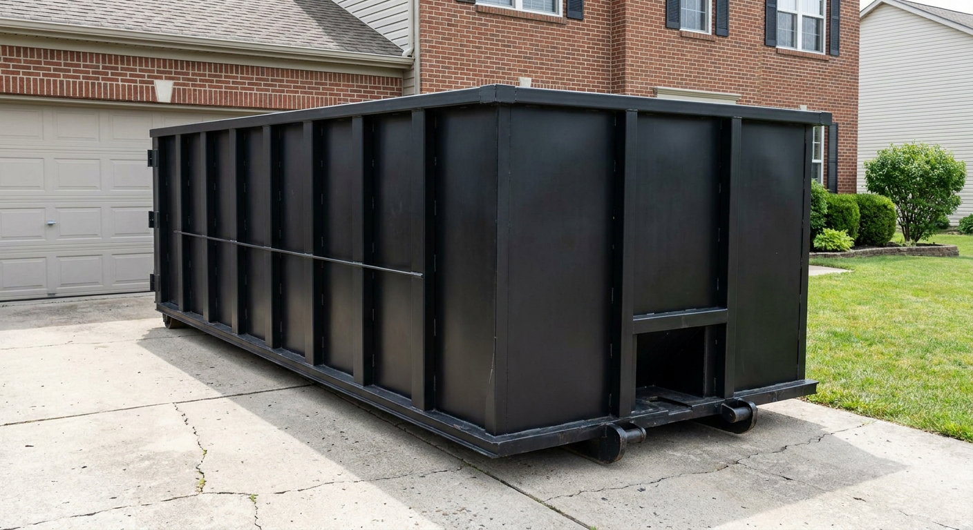 Matte-black 20-yard roll-off container on a Brockton residential concrete driveway with reinforced ribbed steel sidewalls and a hinged rear walk-in door, clean bright daylight.