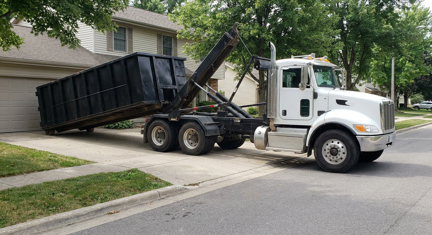 White-cab hooklift roll-off truck actively lowering a matte-black dumpster onto a Brockton residential concrete driveway, the dumpster's rear wheels touching the driveway as the hoist arm tilts the bed forward, mid-morning daylight.