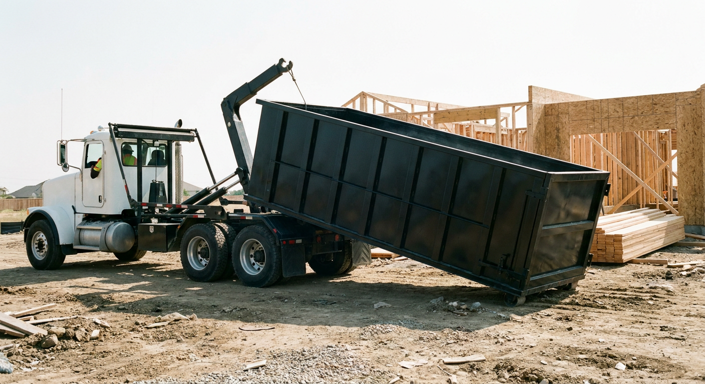 Matte-black roll-off dumpster being delivered onto a clean residential concrete driveway in Brockton by an unmarked white hooklift hauler truck, bright morning daylight, documentary 35mm perspective.